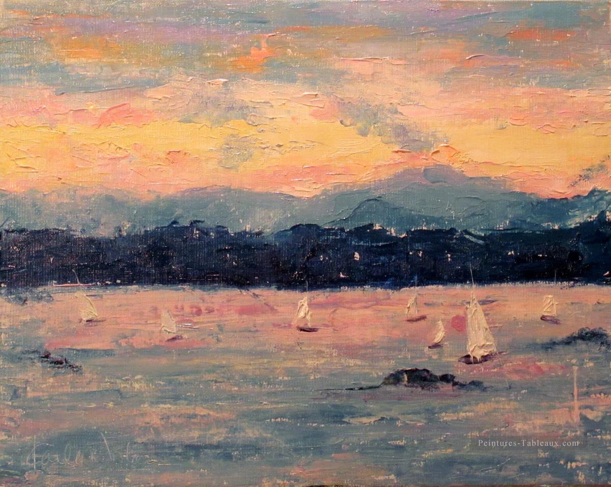 Voile au coucher du soleil près de l’abstrait paysage marin Cascades Peintures à l'huile